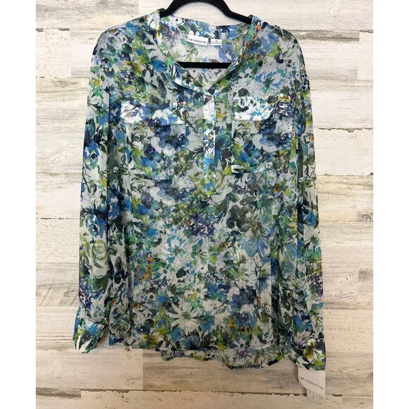 Liz Claiborne Women's XL blue floral long sleeve collared blouse top new - Picture 1 of 6